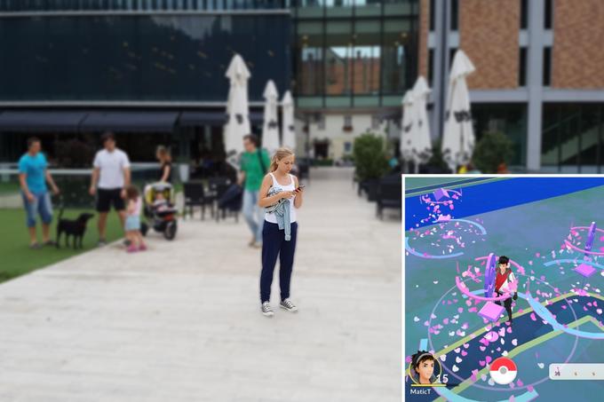 Takšni prizori na javnih površinah na javnih mestih niso redkost. Marsikateri igralec Pokemon Go se pri lovljenju domišljijskih bitjec ustavi in poskrbi, da ga bo res zanesljivo pospravil v pokežogo. | Foto: 