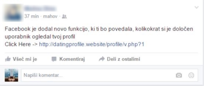 Uporabnice in uporabniki, ki so se s tem strinjali, imajo na svojem profilu na Facebooku zdaj tole generično objavo, še vedno pa niso videli – tudi mi nismo –, kdo in kdaj obiskuje njihov profil. Seveda ne, saj Facebook te funkcije ni in je najbrž tudi nikoli ne bo omogočil. | Foto: 