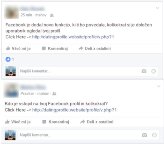 Takšne objave smo v preteklih dneh zasledili pri več prijateljih na Facebooku. "Klikni tukaj in izvedel boš, kdo obiskuje tvoj profil." No, pa kliknimo, čeprav ne vemo, kaj je na drugi strani. | Foto: 