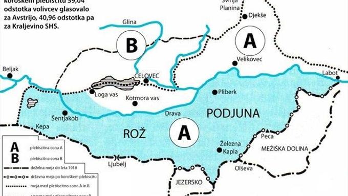 Del dežele Koroške sta po koncu prve svetovne vojne še pred plebiscitom dobili Kraljevina SHS (Dravograd, Mežiška dolina in Jezersko) in Italija (Kanalska dolina). Drugi deli južne Koroške, na katerih živi slovenska manjšina, so bili razdeljeni v coni A in B. Plebiscit v coni A je bil 10. oktobra 1920. Za Avstrijo je glasovalo 59,04 odstotka volivcev (22.025), za Jugoslavijo oziroma Kraljevino SHS pa 40,96 odstotka (15.279). Za Avstrijo, ki je spretno nagovarjala koroške Slovence v slovenščini in pri tem uspešno trkala na deželno pripadnost, je po izračunih glasovalo okoli 40 odstotkov koroških Slovencev v coni A (večinoma gre za Slovence severno od Drave). Z avstrijsko zmago je samodejno odpadel plebiscit v coni B (Celovec in njegova okolica). Na območju cone A, ki je na zemljevidu modro obarvano, je večina glasovala za Kraljevino SHS, a kljub temu te občine (razen Libelič) po plebiscitu niso pripadle jugoslovanski državi. | Foto: Siol.net/ A. P. K.