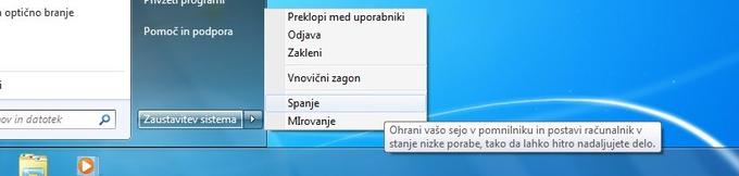 V Windows 7 kliknemo gumb Start ter puščico ob Zaustavitev sistema. V meniju, ki se pojavi, lahko izberemo tudi spanje ali mirovanje. | Foto: Matic Tomšič