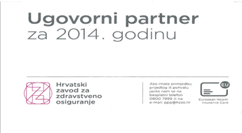 To je nalepka, ki označuje pogodbeno partnerstvo ambulante s HZZO. To pomeni, da sprejemajo kartico evropskega zavarovanja in da je storitev brezplačna. | Foto: 