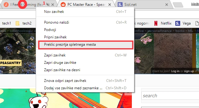 Rdeči krog - desni klik z miško. Rdeči pravokotnik - Preklic prezrtja spletnega mesta. Rdeča številka 1 - ikona, ki prikazuje, da je zavihek trenutno utišan. | Foto: Matic Tomšič