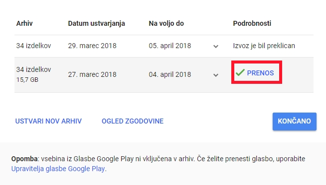 Takole je videti uporabniški vmesnik Google Takeout, ko je arhiv pripravljen na prenos. Ko ga boste prenašali prvič, se bo prenos takoj po vpisu gesla za vaš uporabniški račun Google sicer začel samodejno.  | Foto: Matic Tomšič