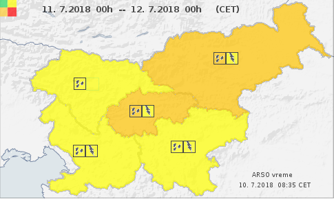 Za prihajajoči dež in nevihte so na Arsu predvsem za severovzhodno Slovenijo izdali oranžno opozorilo: bodite pripravljeni. | Foto: Arso/meteo.si