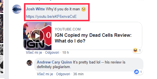 Na profilu Filipa Miucina na Facebooku je nekdo tudi obudil 41 tednov staro objavo, v kateri se je Miucin pohvalil, da je začel delati za IGN, podnjo prilepil povezavo do videoposnetka, ki razkriva njegov plagiat, in ga vprašal: "Zakaj si storil to, človek?"  | Foto: Matic Tomšič / Posnetek zaslona