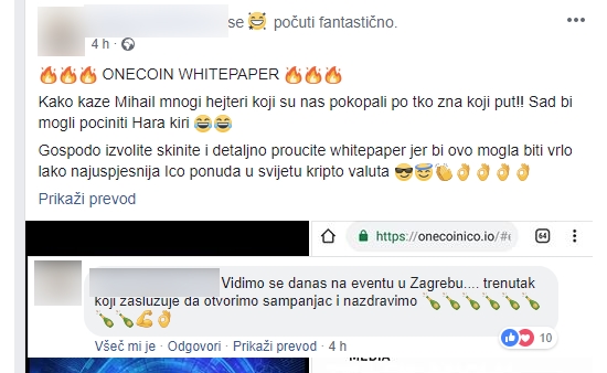 "Nasprotniki onecoina bodo danes naredili harakiri, se pravi samomor," je zapisal eden od glavnih promotorjev Onecoina na Hrvaškem in dodal, da bi "prodaja kriptožetonov OFC lahko postala najuspešnejši ICO v zgodovini kriptovalut". | Foto: Matic Tomšič / Posnetek zaslona