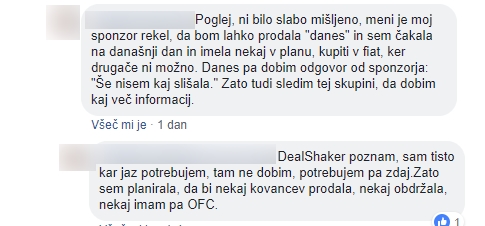 Komentarji v eni od slovenskih javnih skupin na Facebooku za svetovanje o naložbah v onecoin, v katerih uporabnica tarna, da je načrtovala prodajo onecoinov za fiat valuto, torej evre.  | Foto: Matic Tomšič