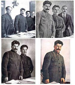 Eden za drugim so iz Stalinove bližine (in fotografij) izginjali njegovi dolgoletni politični soborci. Na prvi fotografiji od leve proti desni: član centralnega komiteja Sovjetske zveze Nikolaj Antipov, Josip Stalin, zgodnji voditelj Boljševikov Sergej Kirov in predsednik vrhovnega sovjeta Nikolaj Švernik. | Foto: Wikipedia