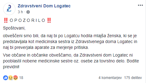 Obvestilo, ki so ga prek Facebooka delili predstavniki zdravstvenega doma Logatec. | Foto: zajem zaslona/Diamond villas resort