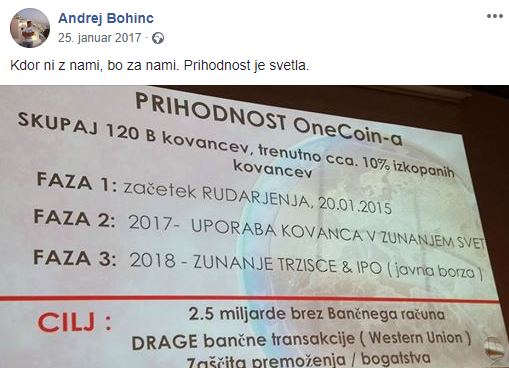 Eden od diapozitivov, s katerimi so na srečanjih potencialne slovenske vlagatelje vabili k naložbi v onecoin. Podjetji OneCoin in OneLife sta kasneje, ko so se nadnju zgrnile obtožbe, da ponujajo naložbo brez otipljivega izdelka in da vodijo piramidno shemo, sicer zamenjali ploščo in začeli trditi, da lahko ljudje pri njih kupijo samo izobraževalne pakete, onecoin kot glavni produkt pa naj bi reklamirali zgolj neodvisni promotorji, ki "nimajo pojma". A to je bila debela laž, saj je onecoin, ki naj bi po njenih besedah pometel s kriptovaluto bitcoin, kot naložbo predstavljala tudi sama Ruja Ignatova, ustanoviteljica podjetja OneCoin. | Foto: Matic Tomšič / Posnetek zaslona