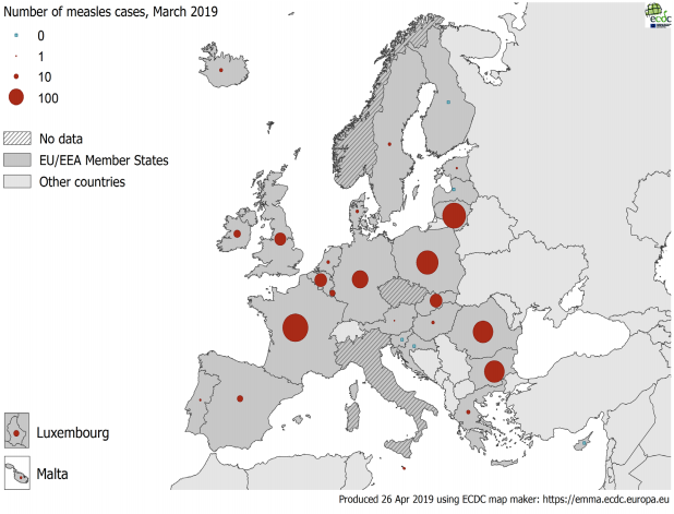 V marcu so največ novih primerov ošpic zaznali v Franciji, Nemčiji, Litvi, na Poljskem, v Romuniji in Bolgariji. Pri nas ni bilo novih primerov. | Foto: European centre for disease prevention and control