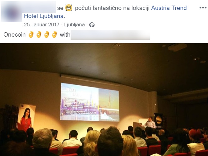 Promocijski dogodek za OneCoin v enem od ljubljanskih hotelov | Foto: Matic Tomšič / Posnetek zaslona