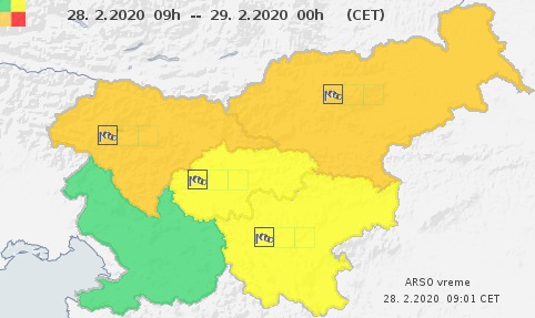 Na severozahodu, severu in vzhodu države bo zaradi močnega vetra veljala oranžna stopnja ogroženosti, za preostali del države z izjemo jugozahoda pa rumena stopnja ogroženosti. | Foto: Arso