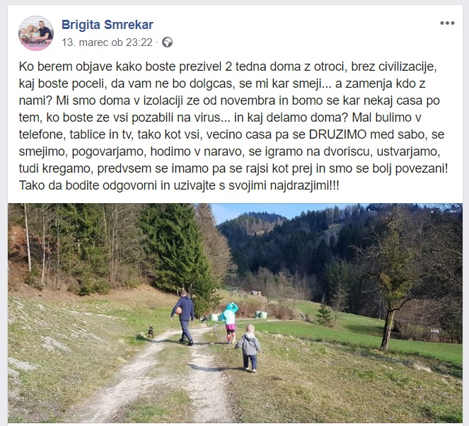 Brigitin zapis na Facebooku v petek 13. marca, dan zatem, ko je bila v Sloveniji razglašena epidemija. | Foto: 