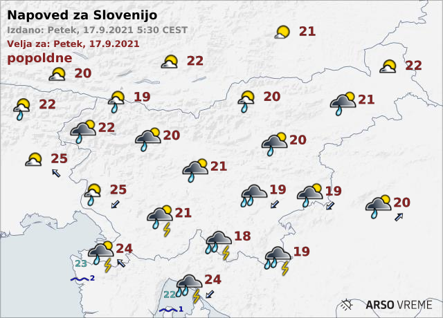 Danes bo oblačno s padavinami, predvsem na jugu tudi nevihtami z močnejšimi nalivi. | Foto: Arso