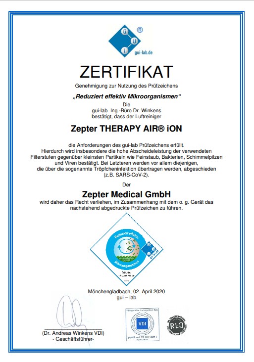 Certifitkat za učinkovito zmanjševanje mikroorganizmov v zraku. Therapy Air iOn iz zraka odstranjuje prah, bakterije, plesen in viruse, še posebej viruse, ki se prenašajo kapljično preko zraka, kot je to značilno tudi za novi koronavirus COVID-19.  | Foto: 