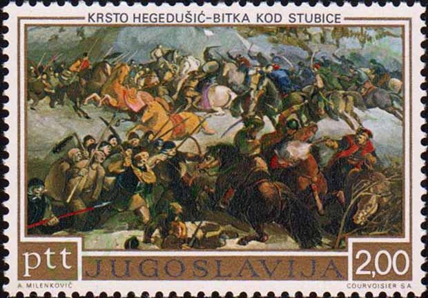 Plemiško-uskoška vojska je dokončno zadušila kmečki upor v bitki pri Stubici 9. februarja 1573. O tej usodni bitki je ustvaril sliko hrvaški slikar Krsto Hegedušić. Na fotografiji je poštna znamka, na kateri je del njegovo slike, ki je visela v kabinetu jugoslovanskega predsednika Josipa Broza - Tita. | Foto: Wikimedia Commons