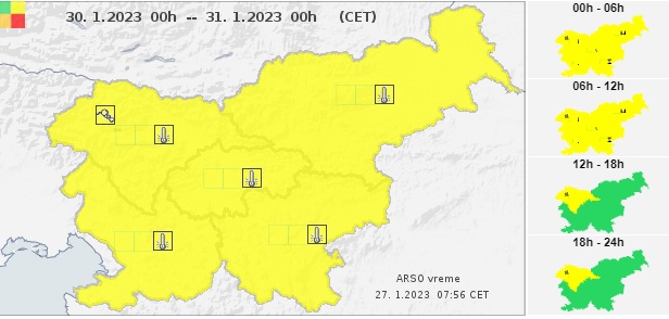 Arso je zaradi nizkih temperatur za ponedeljek do 12.00 izdal rumeno opozorilo za vso Slovenijo. | Foto: 