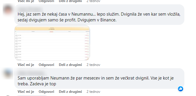 Na Facebooku je mogoče zaslediti precej komentarjev zadovoljnih Slovencev, ki s platforme Neumann dvigujejo (sicer razmeroma nizke) zneske. Še precej več je aktivnih v komunikacijski aplikaciji Telegram, kjer število slovenskih privržencev Neumanna sega v tisoče.  | Foto: Matic Tomšič / Posnetek zaslona