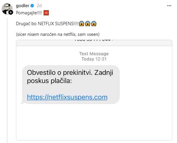 Voditelj Jure Godler se je tako ponorčeval iz povezave, ki ga je vabila na spletno mesto netflixsuspens.com.  | Foto: Jure Godler/Threads/Posnetek zaslona