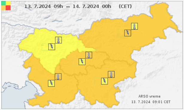 Agencija za okolje je za severovzhod izdala oranžno, za preostali del države pa rumeno opozorilo zaradi možnosti neviht. Za vso državo z izjemo severozahoda je v veljavi tudi oranžni alarm zaradi hude vročine. | Foto: Arso