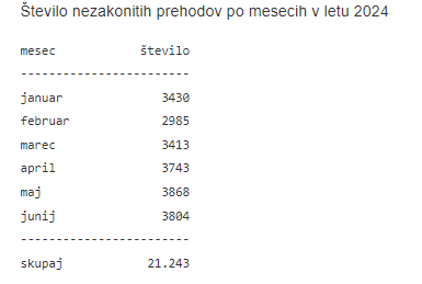 Število nezakonitih prehodov po mesecih v letu 2024 | Foto: Vir: policija, MNZ, urad vlade za oskrbo in integracijo migrantov