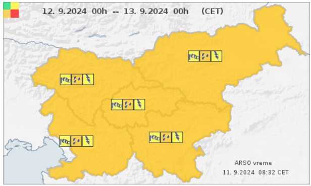 Oranžno opozorilo velja za vso Slovenijo. | Foto: Arso