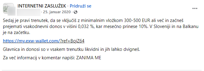 V EXW so nove člane poskušali novačiti tudi nekateri Slovenci, a se piramidna shema pri nas ni najbolj prijela.  | Foto: Posnetek  zaslona