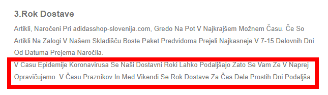 Lažna Adidasova spletna trgovina, ki je bila registrirana letos, še vedno uporablja opis iz leta 2020, ko je bila aktualna epidemija koronavirusne bolezni.  | Foto: Posnetek  zaslona
