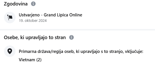 Profil Grand Lipica Online je bil ustvarjen šele v drugi polovici oktobra, upravljajo pa ga osebe iz Vietnama.  | Foto: Posnetek  zaslona