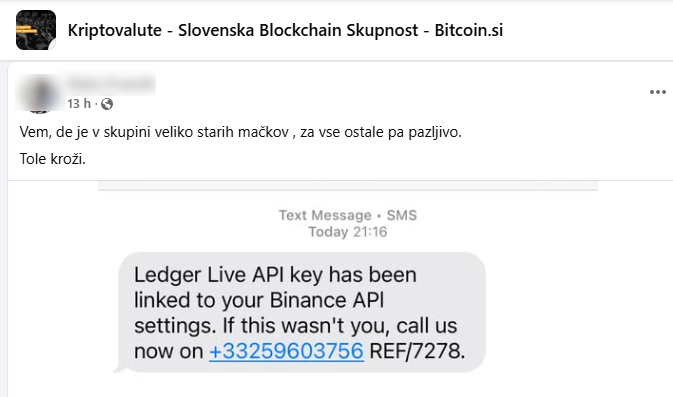 Primer sporočila z opisom drugačne "težave", na katerega je opozoril eden od članov skupine Kriptovalute - Slovenska Blockchain Skupnost - Bitcoin.si na Facebooku. | Foto: Posnetek  zaslona