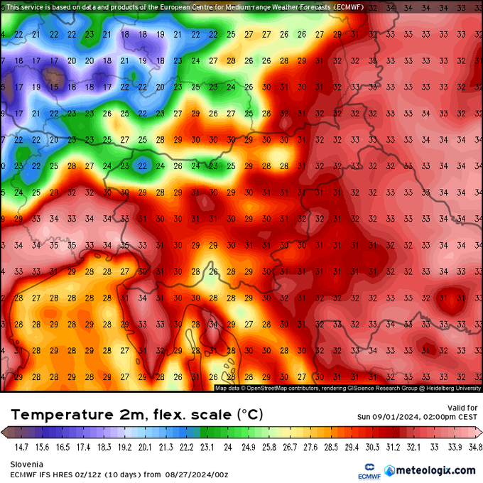 Takšne temperature za nedeljo, 1. septembra, predvideva meteorološki model ECMWF. | Foto: meteologix.com