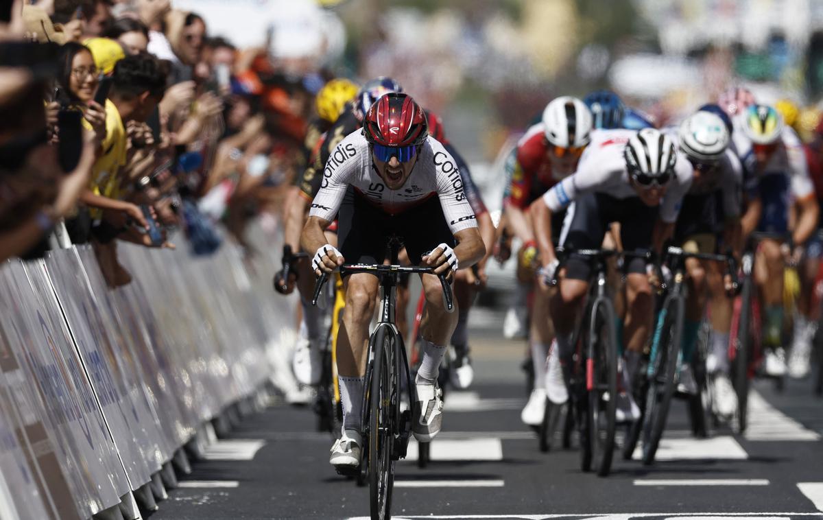 TDF23, Victor Lafay, Tadej Pogačar | Victor lafay je zmagovalec druge etape 110. Toura, v ciljnem sprintu v San Sebastianu je Tadej Pogačar prisprintal do tretjega mesta. | Foto Reuters