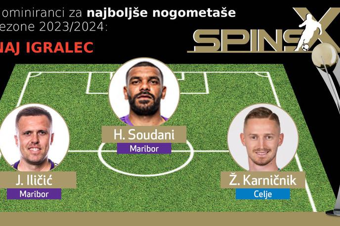 SPINS Naj igralec | Nagrado za najboljšega igralca v sezoni 2023/24 bo osvojil nekdo iz trojice finalistov. To so Josip Iličić, Hilal Soudani in Žan Karničnik. | Foto SPINS