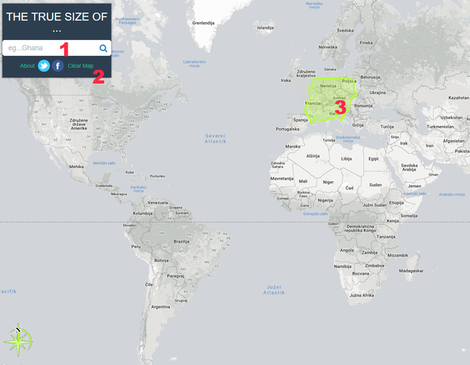 Če želimo izvedeti, kakšna je resnična velikost določene države, v polje vpišemo njeno ime (1) in zemljevid jo bo označil. Nato jo zgrabimo z levo tipko na miški in jo odnesemo nad del sveta, s katerim jo želimo primerjati. V konkretnem primeru smo ugotovili, da je Sudan, ki na Merkatorjevi projekciji ni videti kaj prida, v resnici tako velik kot celotni srednja in zahodna Evropa (3). Če nas zanima še katera druga država, lahko izbiro počistimo s klikom na Clear Map (2.) | Foto: Matic Tomšič