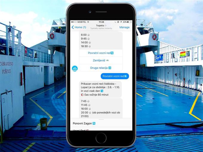 V podjetju Stailer, ki je razvilo klepetalnega robota Trajekto, že razmišljajo o širitvi ponudbe na prikazovanje informacij o prevozih s katamarani, v načrtu pa imajo tudi sodelovanje s podjetji, ki ponujajo trajektne prevoze. Uporabnikom želijo namreč ponuditi še bolj natančno prikazovanje informacij o prihodih in odhodih trajektov - trenutno namreč temeljijo na ustaljenih voznih redih. | Foto: Trajekto Facebook