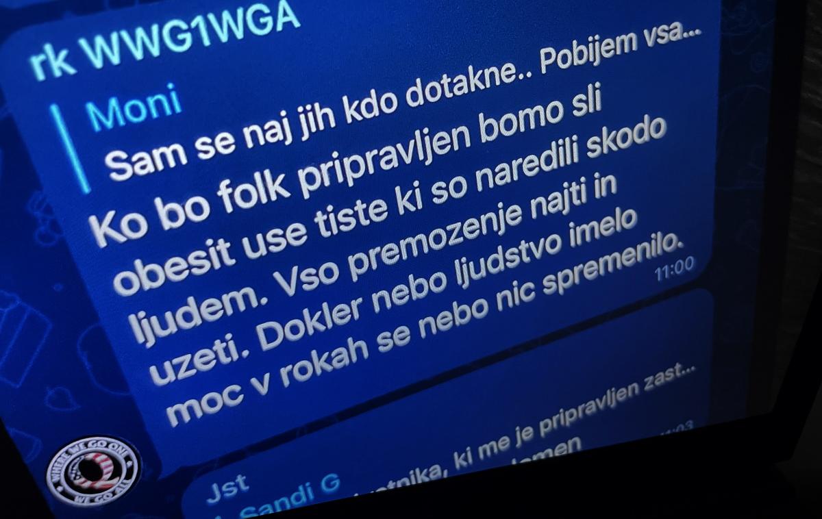 Obesil | Današnja objava v slovenski skupini na družbenem omrežju Telegram je zelo podobna tvitu luksemburškega novinarja, v katerem je govoril o obešanju tamkajšnje ministrice za pravosodje. Razlika je v tem, da se uporabnik Telegrama skriva za vzdevkom, luksemburški novinar pa se je pod posredno grožnjo ministrici podpisal s svojim imenom in priimkom. | Foto Matic Tomšič