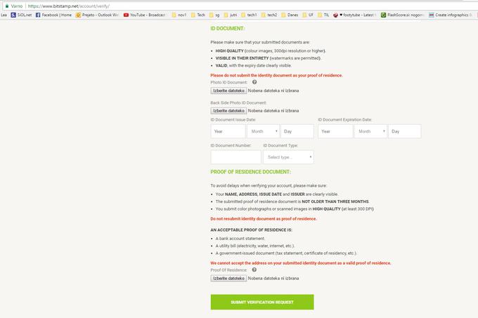 Dokumenti, ki jih je treba ob številnih osebnih podatkih za začetek poslovanja z digitalnimi valutami predložiti Bitstampu. | Foto: Matic Tomšič