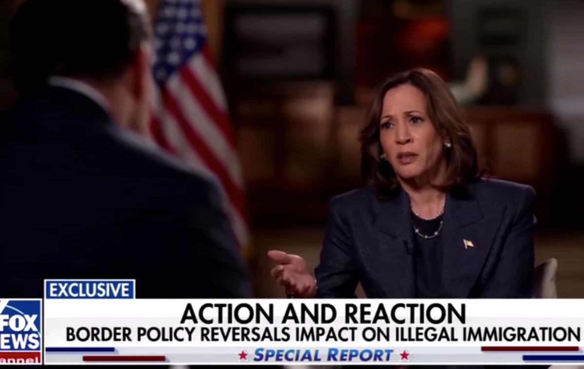 Kamala Harris, intervju, Fox News | Predsedniška kandidatka se je sicer izognila jasnim odgovorom na vprašanja glede krize z nezakonitim priseljevanjem v ZDA in svojih stališč glede transspolnih oseb, odgovore je obračala v smer kritik na račun Trumpa. Ponavljala je, da bo vedno sledila zakonom. | Foto Reuters