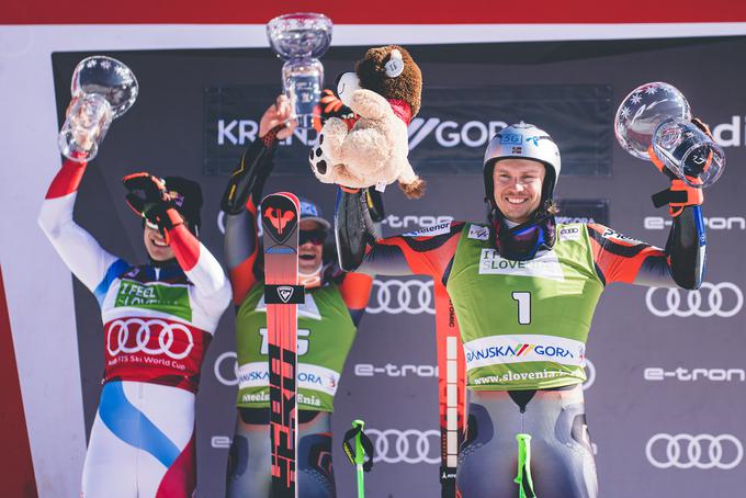 Najboljši trije v soboto v Podkorenu: Kristoffersen, Braathen in Odermatt. | Foto: Grega Valančič/Sportida