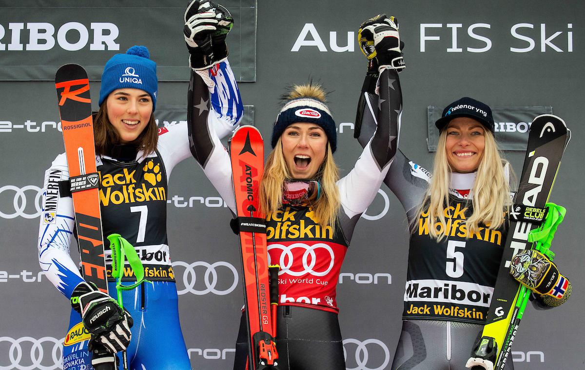 Zlata lisica 2019 veleslalom Petra Vlhova, Mikaela Shiffrin, Ragnhild Mowinckel | Američanka Mikaela Shiffrin in Slovakinja Petra Vlhova sta zmagovalki današnje veleslalomske preizkušnje v Mariboru. Tretje mesto je osvojila Norvežanka Ragnhild Mowinckel. | Foto Vid Ponikvar