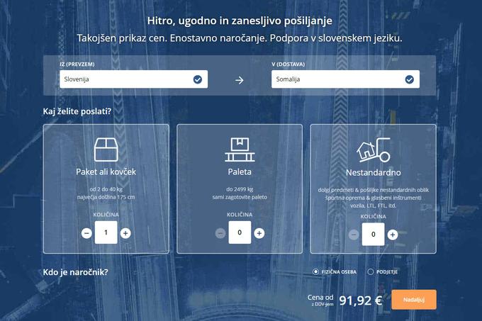 Uporabniški vmesnik na spletni strani Eurosender je izredno preprost in pregleden ter uporabniku takoj pokaže, najmanj koliko bi ga stal prevoz paketa v skoraj vsako državo na svetu, tudi Somalijo.  | Foto: Matic Tomšič / Posnetek zaslona