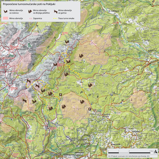 Zemljevid priporočenih turnosmučarskih poti na Pokljuki. | Foto: Vesna Stanič