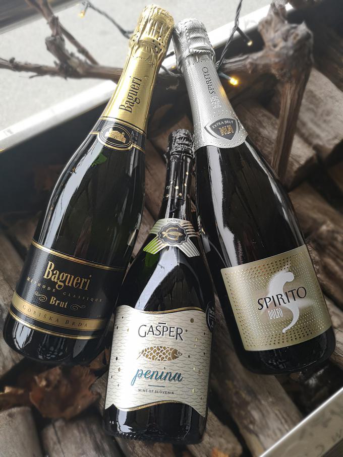 Slovenske kraljice penin: Goriška Brda Bagueri Brut (klasična metoda), Gašper Penina 2016 (metoda charmat, suho), Spirito 2013 Dolfo extra brut (klasična metoda). | Foto: 