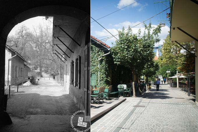 Pogled na Knafljev prehod nekoč (1976, foto: Svetozar Busić, hrani MNZS) in danes (foto: Ana Kovač). | Foto: Ana Kovač