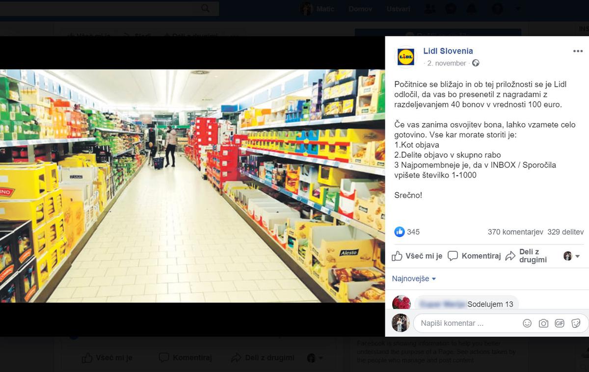 Lidl | Že od daleč se vidi, da gre pri tej nagradni igri za prevaro, saj v zapisu zelo izstopajo pomanjkljiva slovnica in logični nesmisli, kot so prihajajoče šolske počitnice, čeprav jih je bilo v času objave skoraj že konec. | Foto Matic Tomšič / Posnetek zaslona