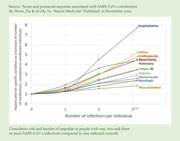 Graf prikazuje stopnjo tveganja za razvoj določenega zdravstvenega stanja (x os) po določenem številu okužb z virusom sars-cov-2 (y os). Na grafu so navedene stopnje tveganja za hospitalizacijo (hospitalization), težave z ledvicami (kidney), srčno-žilne težave (cardiovascular), krvne strdke (blood clots), težave z dihanjem (pulmonary), utrujenost (fatigue), gastroenterološke težave (GI), diabetes, težave v duževnem zdravju (mental health), nevrološke težave (neurologic) in mišično-skeletne težave (muscoskeletal). Vir: revija Nature Medicine, 10. 11. 2022 | Foto: Miha Mazzini