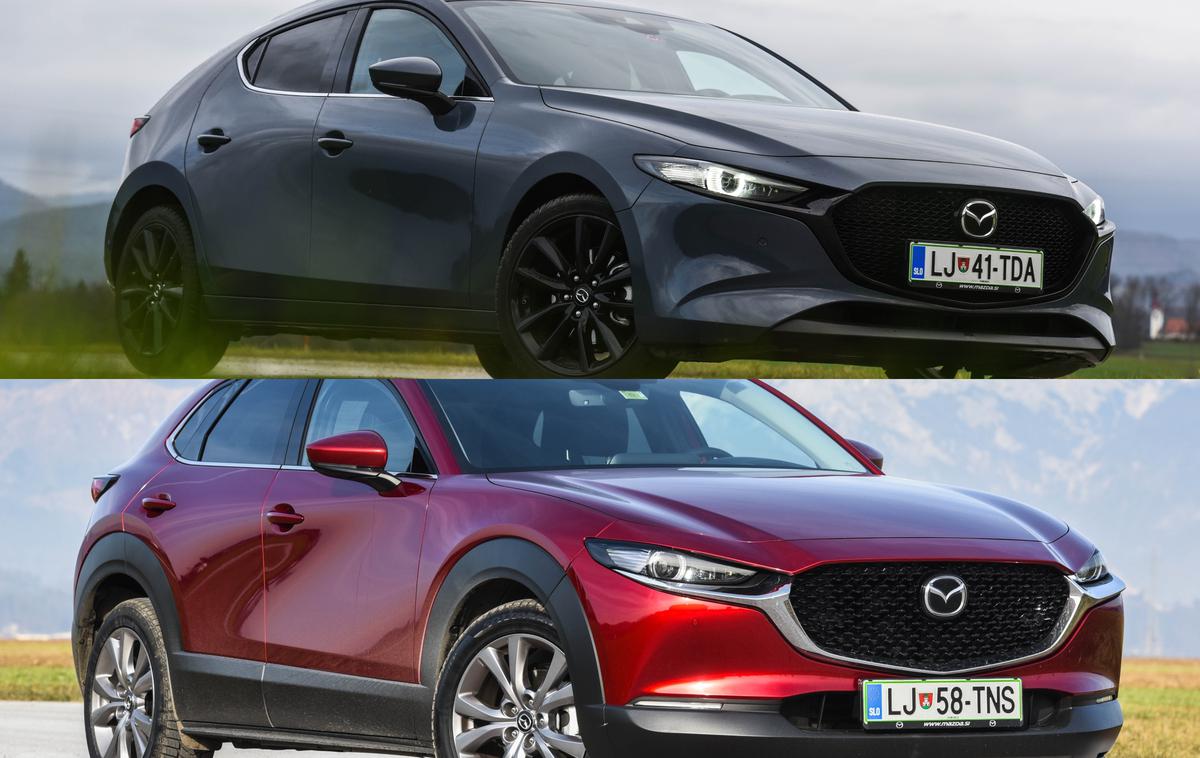 Mazda 3 in CX-30 | Oblikovno sta si precej podobna, a k sreči dovolj različna, da ju je na cesti nemogoče zamenjati. | Foto Gašper Pirman