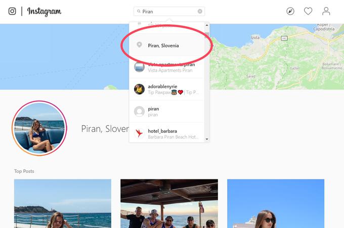Objave, ki so označene z lokacijo, najdemo tako, da v iskalniku kliknemo na zadetek z imenom kraja, ob katerem je narisana tako imenovana bucika. | Foto: Matic Tomšič / Posnetek zaslona